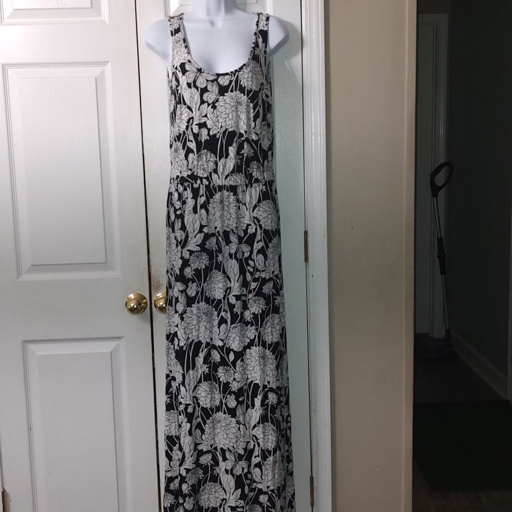 Banana Republic black white sleeveless maxi floral butterfly summer dress Sz XS